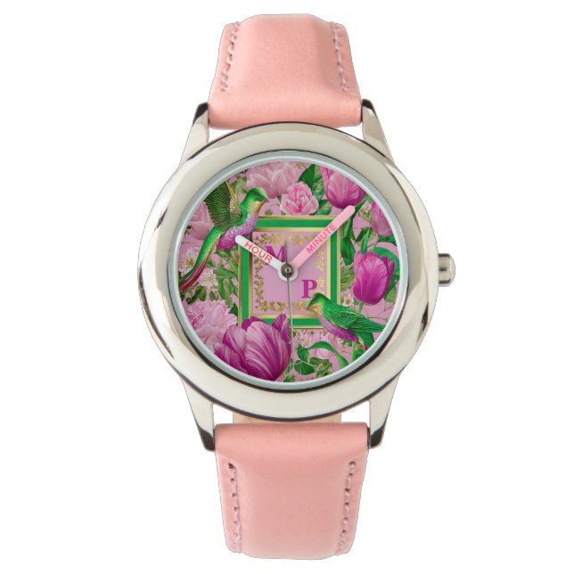 Couture Botanische Paradijsvogel Monogram Horloge (Voorkant)