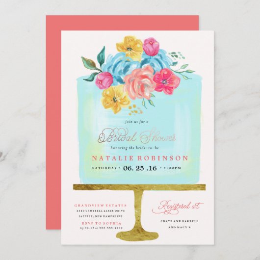 Couture Cake Bruids Douche Uitnodiging - blauw (Voorkant / Achterkant)