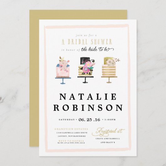 Couture Cake Bruidsdouche Uitnodiging - goud (Voorkant / Achterkant)