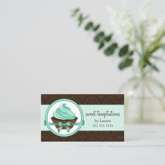 Couture Cupcake en Damask Bakery Visitekaartje (Staand voorkant)
