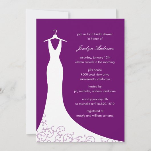 Couture Gown Bridal Shower Invitation (Paars) Kaart (Voorkant)