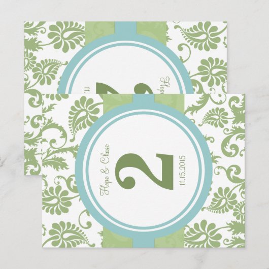 Cover Damask en Aqua Table Number Briefkaart (Voorkant / Achterkant)