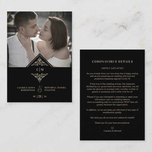 Covi19 Wedding Initials Flourish Sophisticated Informatiekaartje (Voorkant / Achterkant)