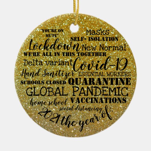 covid19 2021 jaar vaccinatie goudglitter keramisch ornament (Voorkant)