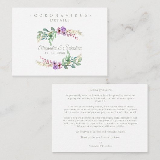 Covid19 Details Sophisticated Lilac Chic Wreath Informatiekaartje (Voorkant / Achterkant)