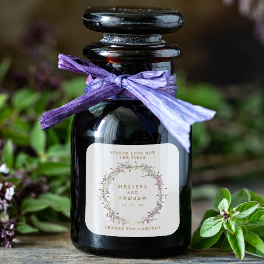 Covid19 Lila Floral Wreath Wedding Sanitizer Gel Vierkante Sticker