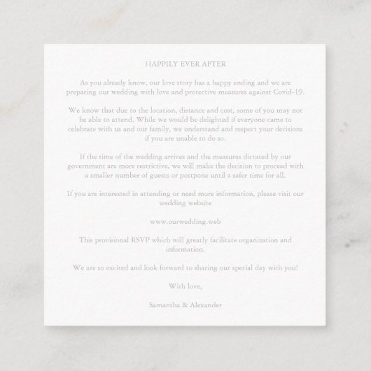 Covid19 Wedding Details Classic Elegant Flourish Informatiekaartje (Achterkant)