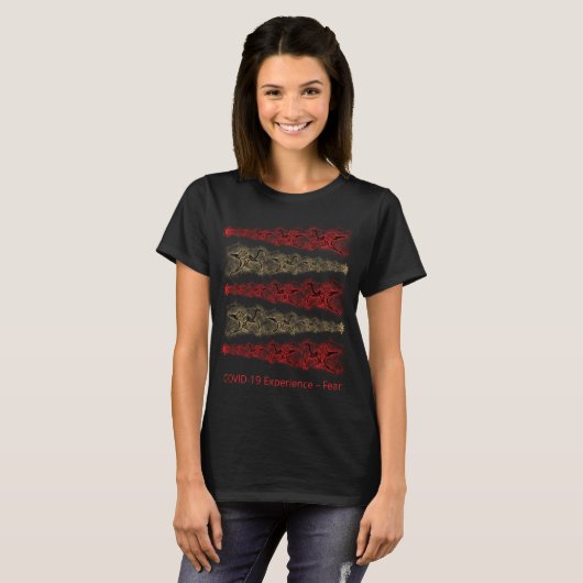 COVID-19-ervaring, angst, virus, goud en rood T-shirt (Voorkant volledig)