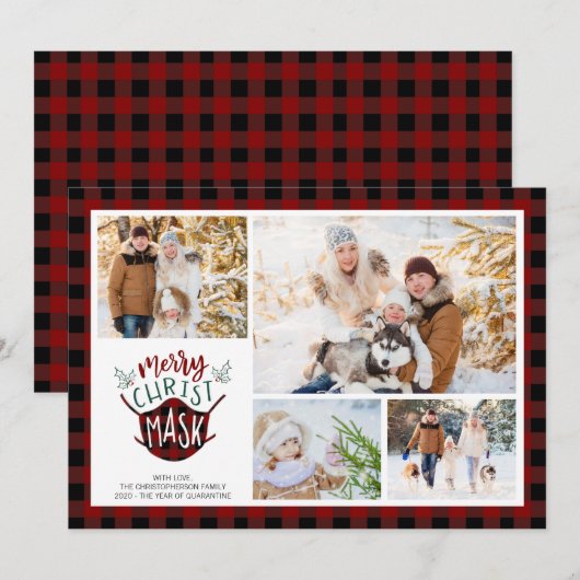 COVID-19 Prettig KerstMASK Buffalo Plaid Rood Foto Feestdagenkaart (Voorkant / Achterkant)
