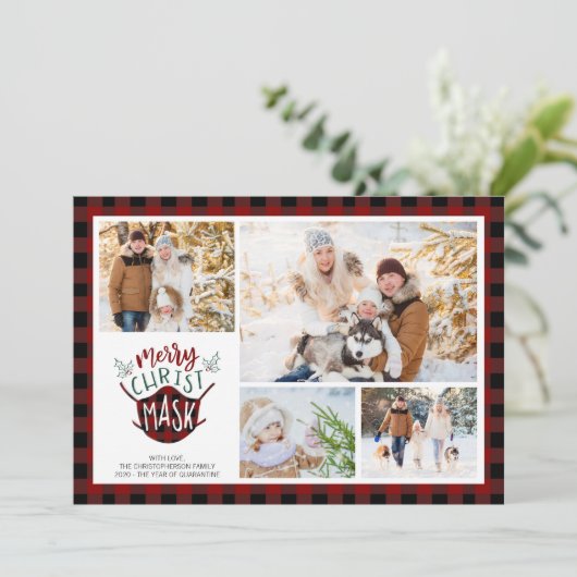 COVID-19 Prettig KerstMASK Buffalo Plaid Rood Foto Feestdagenkaart (Staand voorkant)