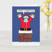 Covid 19 Santa Leaping uit schoorsteen in een gezi Kaart (Gele Bloem)