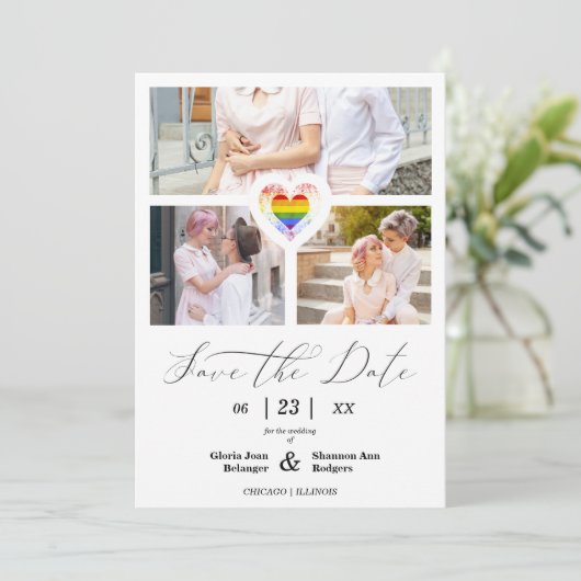 Covid 19 trots regenboog hart lesbienne homo 3 fot save the date (Staand voorkant)