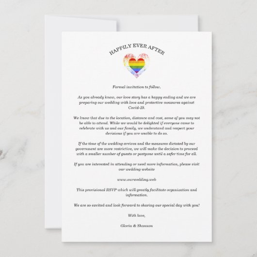 Covid 19 trots regenboog hart lesbienne homo 3 fot save the date (Achterkant)