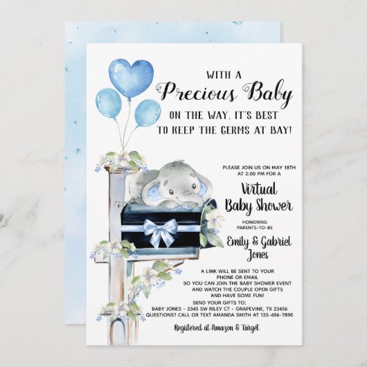 Covid Baby shower Boy Elephant Kaart (Voorkant / Achterkant)