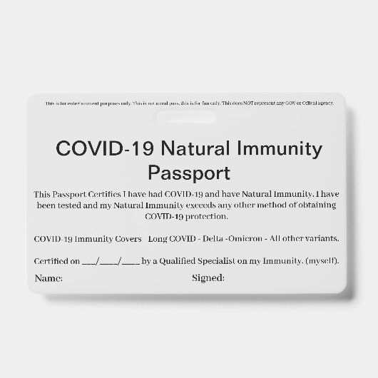 COVID Natural Immunity Passport ID's Badge card (Voorzijde)