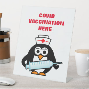 Covid vaccinatieteller-bord met cartoon reclamebord met voetstuk