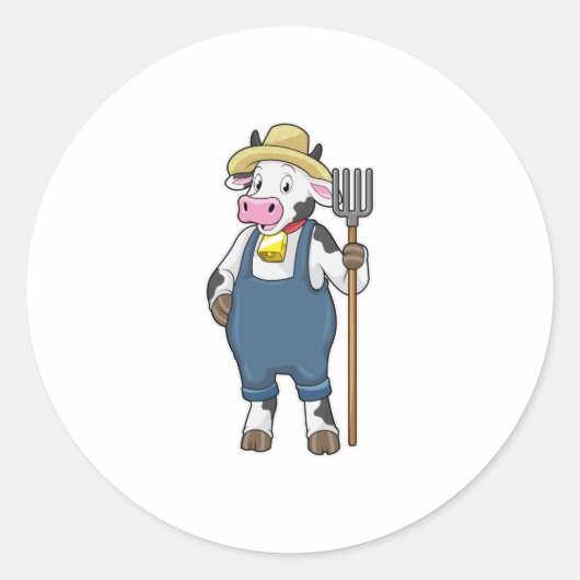 Cow as Farmer with Pitchfork Ronde Sticker (Voorkant)