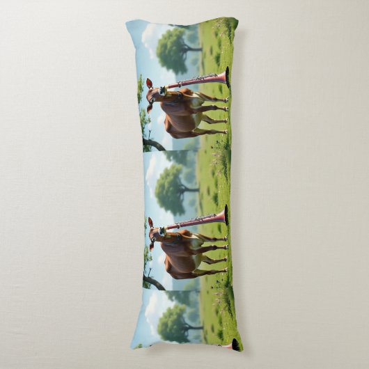 Cow & Bassoon Pasture Body Pillow – Whimsical Farm Lichaamskussen (Voorkant Verticaal)
