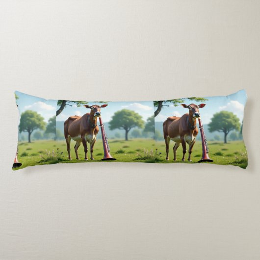 Cow & Bassoon Pasture Body Pillow – Whimsical Farm Lichaamskussen (Voorkant)