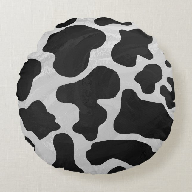 Cow Black en White Print Rond Kussen (Voorkant)
