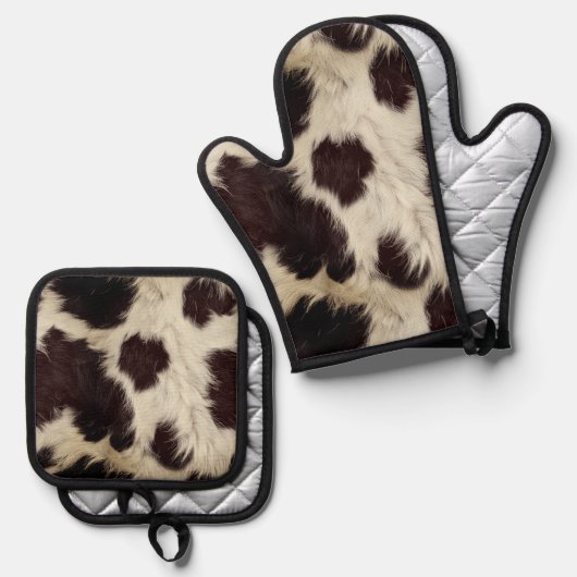 Cow Black White Spots Fur Ovenwant & Pannenlap Set (Voorkant / Achterkant)