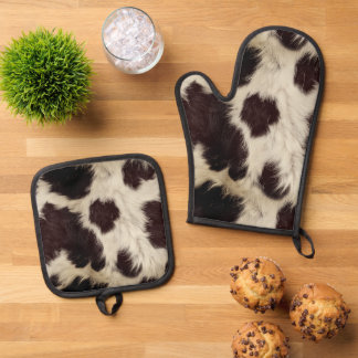 Cow Black White Spots Fur Ovenwant & Pannenlap Set