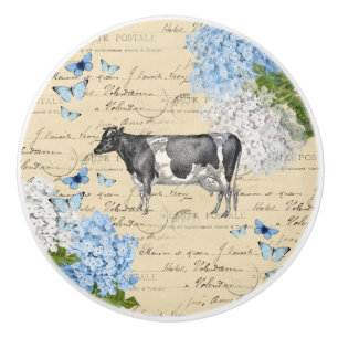 Cow Blue Flower Briefkaart Ceramic Knob. Keramische Knop