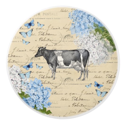 Cow Blue Flower Briefkaart Ceramic Knob. Keramische Knop (Voorkant)