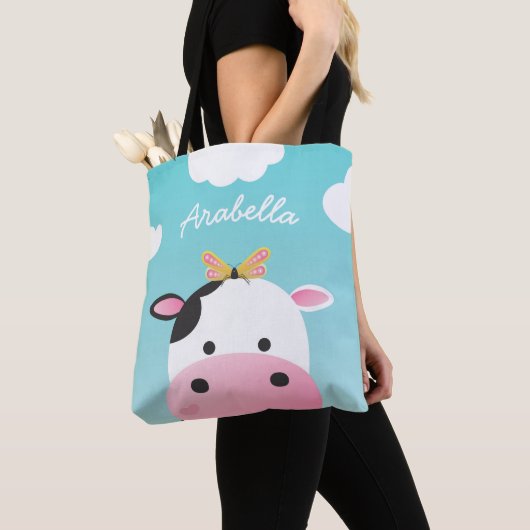 Cow & Butterfly BFFs Aangepaste naam Tote Bag (Dichtbij)