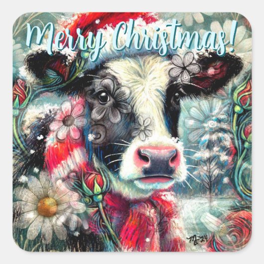 Cow Dreaming of Warmer Times Floral Personalized Vierkante Sticker (Voorkant)