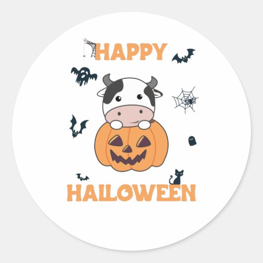 Cow In Pumpkin Cute Cows Happy Halloween Ronde Sticker (Voorkant)