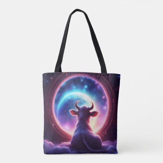 Cow in Space Looking at Earth Whimsical Rainbow Tote Bag (Achterkant)