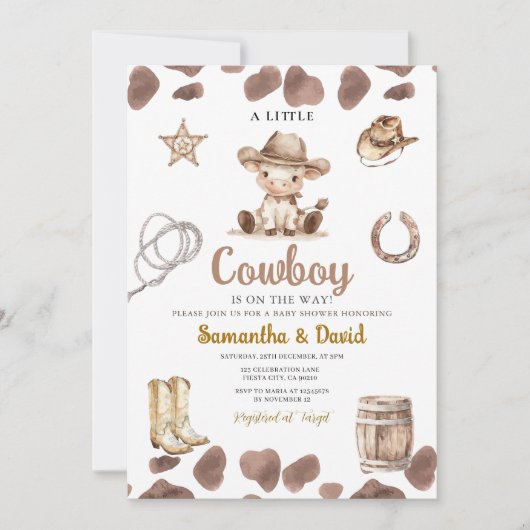 Cow Pattern Cowboy is on the Way Baby Shower  Kaart (Voorkant)