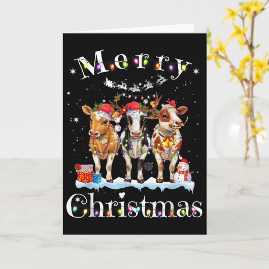 Cow Reindeer Hat Santa Christmas Lights Funny Cow Kaart (Gele Bloem)