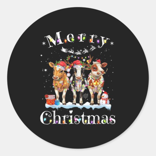 Cow Reindeer Hat Santa Christmas Lights Funny Cow  Ronde Sticker (Voorkant)