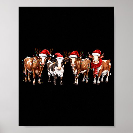 Cow Reindeer Santa Hat Christmas Light Funny Cows  Poster (Voorkant)