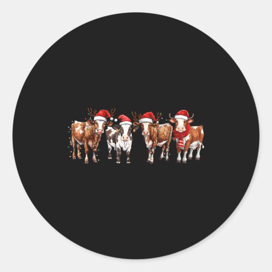 Cow Reindeer Santa Hat Christmas Light Funny Cows  Ronde Sticker (Voorkant)