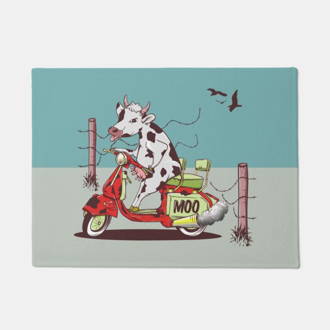 Cow riding a retro moped deurmat (Voorkant)