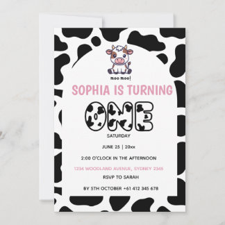 Cow Theme First Birthday Invitation – Turning One  Kaart
