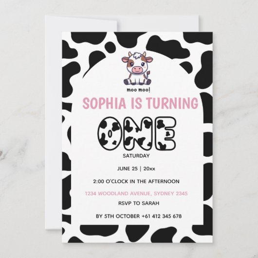 Cow Theme First Birthday Invitation – Turning One Kaart (Voorkant)