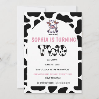 Cow Theme Second Birthday Invitation –Turning TOW  Kaart