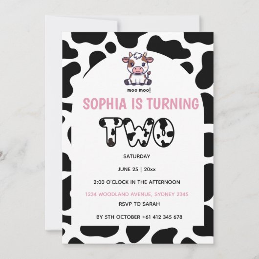 Cow Theme Second Birthday Invitation –Turning TOW Kaart (Voorkant)