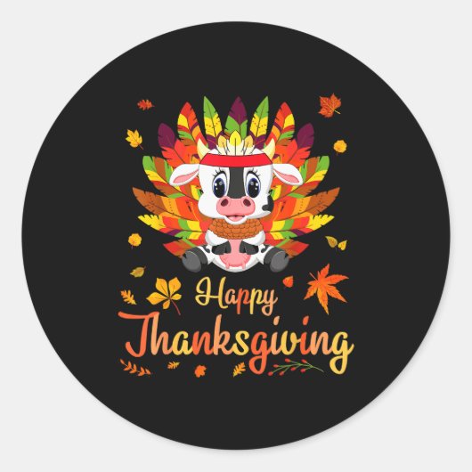Cow Turkey Costume Heart Happy Thanksgiving Day Da Ronde Sticker (Voorkant)