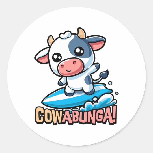 Cowabunga. Schattige Surfen Koe Pun Ronde Sticker (Voorkant)