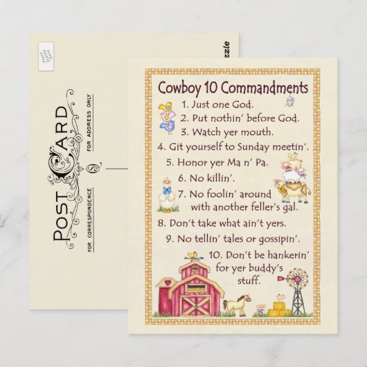 Cowboy 10 geboden - Boerderij Briefkaart (Voorkant / Achterkant)