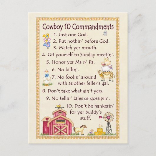Cowboy 10 geboden - Boerderij Fun Briefkaart (Voorkant)