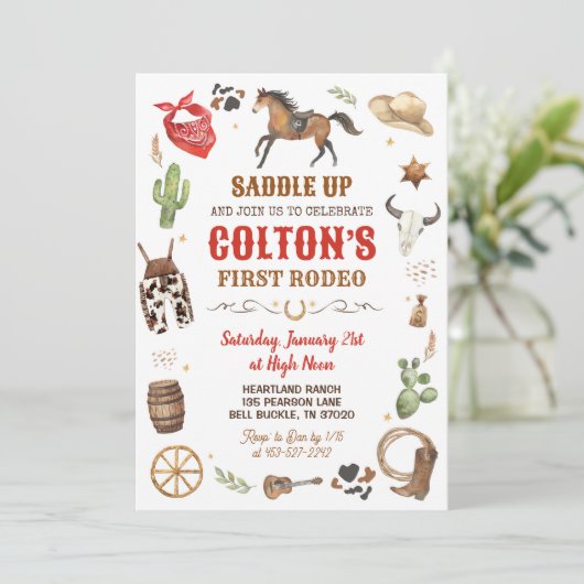 Cowboy 1e Rodeo Red Wild West Theme Verjaardag Kaart (Staand voorkant)