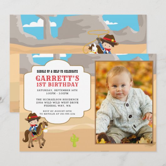 Cowboy 1st Birthday Fotoparty Uitnodiging (Voorkant / Achterkant)