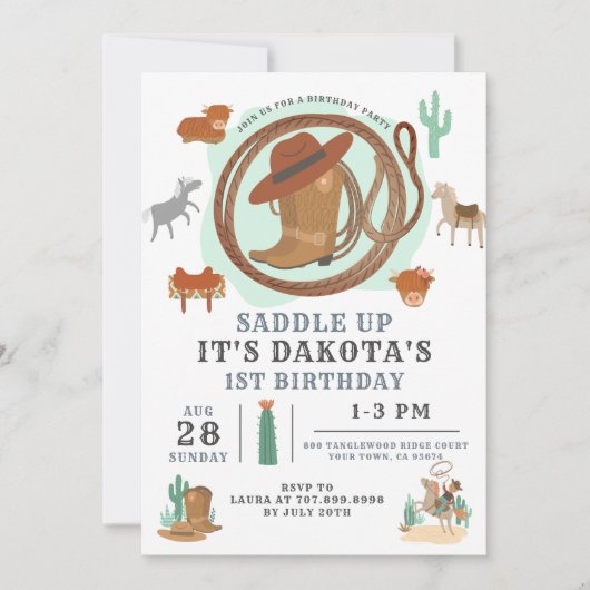 Cowboy 1st Birthday Invitation Kaart (Voorkant)
