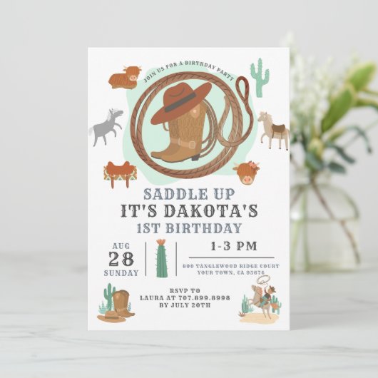 Cowboy 1st Birthday Invitation Kaart (Staand voorkant)